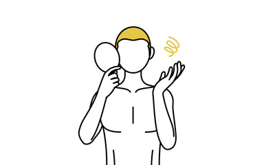 Line drawing of a man with epilated hair, depressed pose looking in the mirror