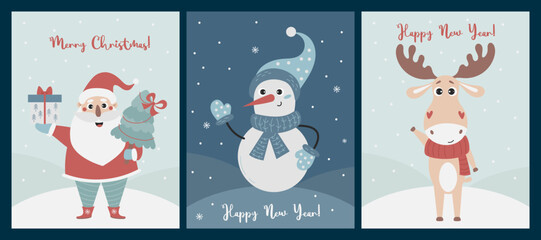 Merry Christmas greeting cards with Christmas characters Santa Claus with Christmas tree, snowman and cute deer. Vector vertical design templates. Xmas and New 2023 Year celebration preparation.