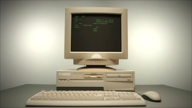 Retro pc with loading code console, programmer making scripts, green basic screen, Old computer studio close-up, Desktop vintage retro wave display, late 90s PC.