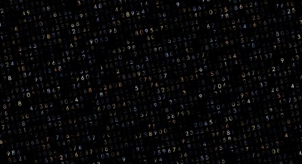 Glowing numbers grid on black background. Dark digital net irregular abstract template.