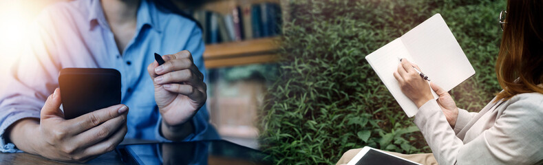 Business team present. professional investor working new start up project. Finance managers meeting.Digital tablet docking screen computer design smart phone using, in morning light