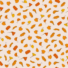 Autumn seamless pattern, square background, seasonal fall holidays, hand drawn pumpkins