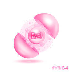 Vitamin B4 shining pill capsule. Skincare beauty treatment with vitamins complex with cholecalciferol. Pink ball with bubbles isolated on white background. Cosmetic beauty product design vector. 