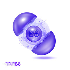 Vitamin B8 shining pill capsule. Skincare beauty treatment with vitamins complex with cholecalciferol. Blue ball with bubbles isolated on white background. Cosmetic beauty product design vector. 