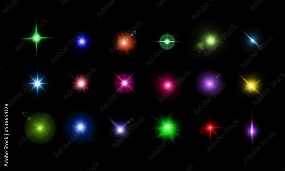 Poster lens flare elements collection. light effect, flashes of light on dark background.