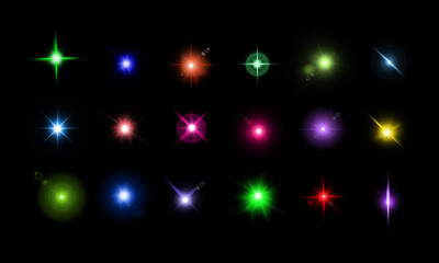 Lens flare elements collection. Light effect, flashes of light on dark background.
