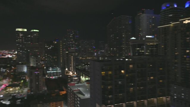 Panorama of the downtown Miami urban skyline at night in the financial district
