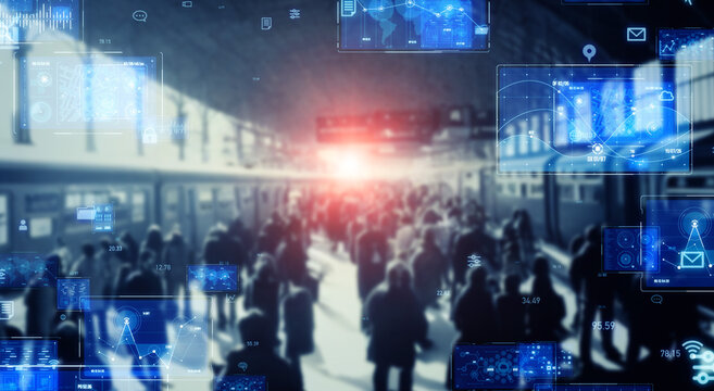 People walking through the station and digital technology concept.