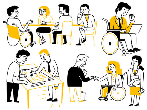 Cute character doodle illustration of disabled businesspeople at work and corporate with colleagues. Outline, linear, thin line art, hand drawn sketch design, simple style.