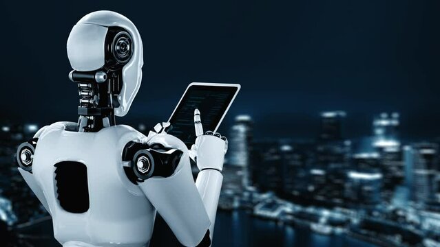 Futuristic robot artificial intelligence huminoid AI programming coding technology development and machine learning concept. Robotic bionic science research for future of human life. 3D rendering.