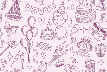 Fototapeta na wymiar Happy birthday hand drawn seamless pattern. Vector illustration of hand drawn doodle birthday seamless pattern for wallpapers, wrapping, textile prints, backgrounds