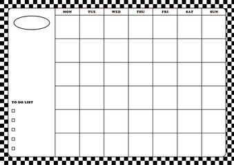 Monthly plan planner template design on chess, check, grid, checkerboard pattern background in black and white combination. Note, scheduler, diary, calendar, planner document template illustration.