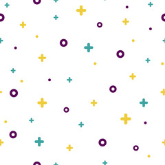 Stylish 1980s abstract memphis seamless pattern. Modern space texture with rare funky and minimal shapes on blue background. Vector illustration in memphis pop art style for fashion fabric print