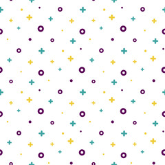 Stylish 1980s abstract memphis seamless pattern. Modern space texture with rare funky and minimal shapes on blue background. Vector illustration in memphis pop art style for fashion fabric print