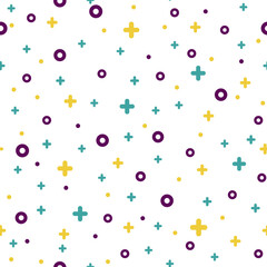 Stylish 1980s abstract memphis seamless pattern. Modern space texture with rare funky and minimal shapes on blue background. Vector illustration in memphis pop art style for fashion fabric print