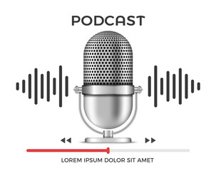Podcast banner with microphone, sound wave and progress bar