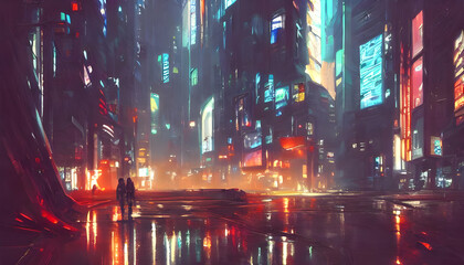 futuristic cyberpunk city at night in the future, neon lights, digital illustration