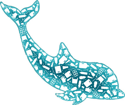 Dolphin plastic waste ocean environment problem concept vector llustration. Marine animal silhouette filled with plastic garbage flat icons. Microplastic pollution problem, single use plastic crisis.