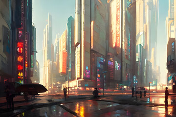 Fototapeta premium a cyberpunk city street with neonlights and dark silhouettes of people, foggy air, cinematic light - game concept - oil panting - concept art - illustration