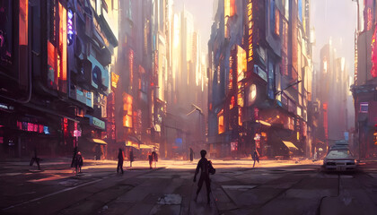 Fototapeta premium a cyberpunk city street with neonlights and dark silhouettes of people, foggy air, cinematic light - game concept - oil panting - concept art - illustration