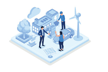 Smart Grid Technology with Renewable Energy. Wind Electricity Generators and Solar Panels Connected to Smart House and Electric Car. Sustainability and Eco Energy, isometric flat vector modern illustr