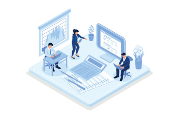 Obraz na płótnie Canvas Financial advisor with client analyzing financial report. Man meeting accountant for advice. Business consultant at work, isometric flat vector modern illustration