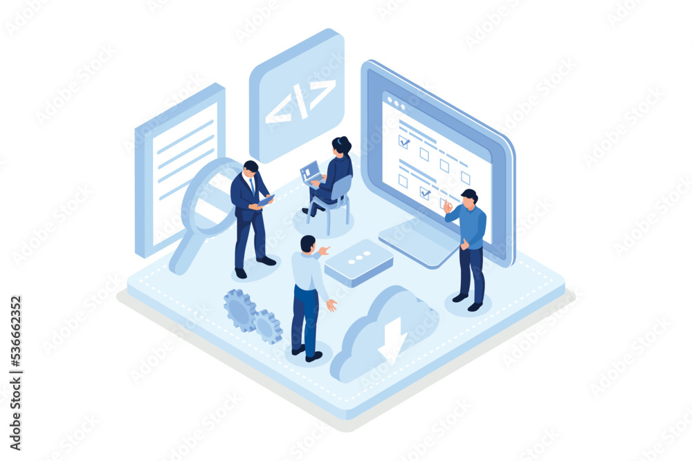 Wall mural People characters developing software and sending data to cloud storage. Developers team programming and writing program code. Development process concept, isometric vector modern illustration