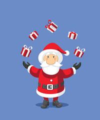 Santa Claus Juggling Christmas Gifts Vector Cartoon Illustration. Cheerful holiday entertainer performing a show on a party invitation
