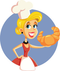 Chef Holding a Huge French Croissant Vector Cartoon Mascot. Woman making an oversized pastry product 

