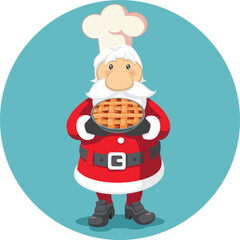 

Chef Santa Holding a Traditional Pie Vector Cartoon Illustration. Xmas traditional pie desert presented for dinner 
