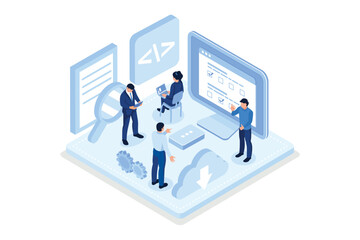 People characters developing software and sending data to cloud storage. Developers team programming and writing program code. Development process concept, isometric vector modern illustration