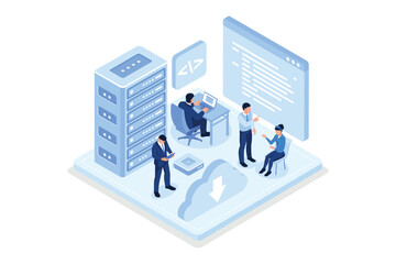 People characters working together and developing software. Developers team programming and writing program code on laptop. Development process concept, isometric vector modern illustration