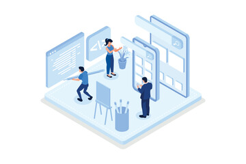 People characters developing new mobile app. Developers team programming and coding code for mobile user interface. Development process concept, isometric vector modern illustration