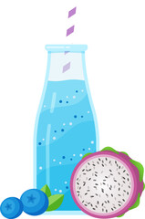 Healthy diet smoothie drink set vector illustration. Glass bottle with straw and layered fresh cocktail in color with raw fruit for cafe smoothie banner