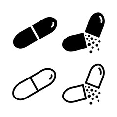 Vitamin Capsule Icon Set. Medicament & Pharmaceutical Symbols. Medical Pills Vector Illustration