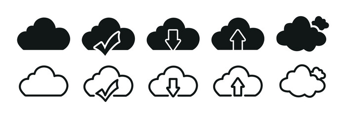 Cloud Icon Set In different Flat Style Vector. Cloud Computing, File Hosting, Technology Symbols