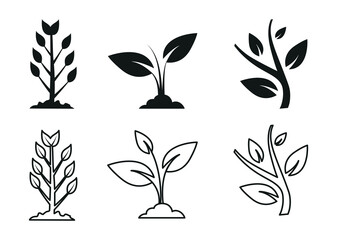 Plant Icons Set In Flat Style Vector Illustration. Minimal Trees Outline And Filled Vector Sign