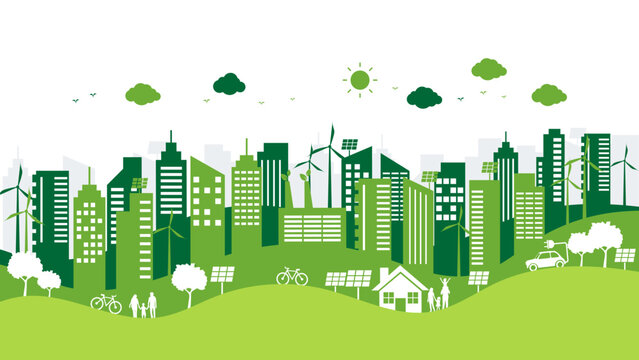 ecology and environment with green city on white background. renewable friendly energy sources. sustainable for billboard or web banner. save protection world concept. vector illustration flat style.