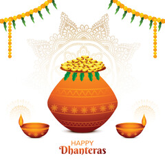 Indian religious festival happy dhanteras on gold coin in pot background
