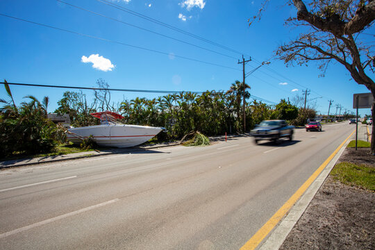 Boats Damaged During Storm Surge In Cape Coral Because Of Hurricane Ian