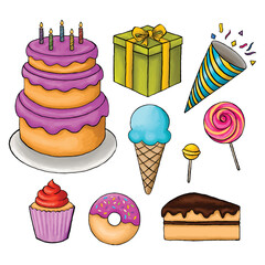Colored birthday element sketch hand drawn vector