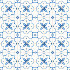 Beautiful vector seamless pattern with watercolor hand drawn blue dutch style tiles . Stock illustration. - 536665575