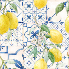 Beautiful vector seamless pattern in Sicilian style with hand drawn watercolor lemons and blue tiles. Stock illustration. - 536665587