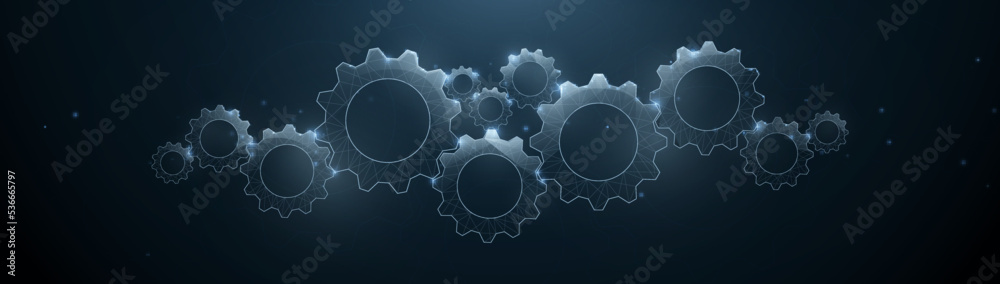 Poster 3d gear wheels are made from lines, triangles, low polygons, and particle style. vector illustration