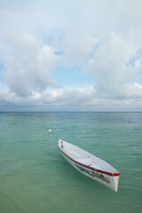 a lonely white wooden boat park in the beautiful clear tosca derawan beach