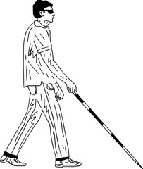 Blind man walking with stick vector illustration, outline sketch drawing of blind man on road, cartoon doodle silhouette of blind man