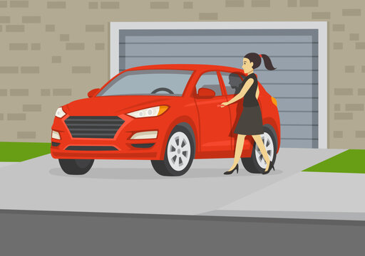 Driving A Car. Young Female Driver Opening Front Suv Car Door. Red Suv Car On Driveway. Flat Vector Illustration Template.