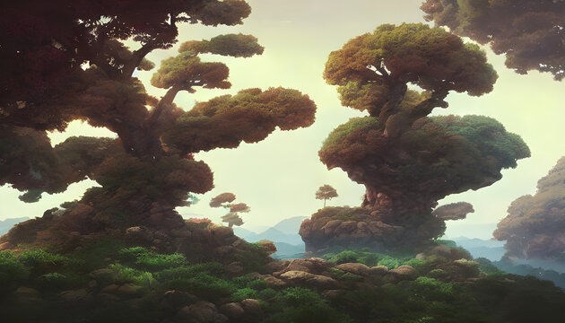 japanese tree on a rocky landscape - synthwave style - digital art - concept art - digital painting - fantasy - bonsai