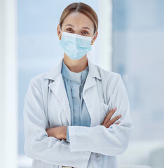 Woman, healthcare and covid face, mask rules with proud doctor working in a hospital, ready and confident. Health care professional leader work during pandemic, focused on helping sick people