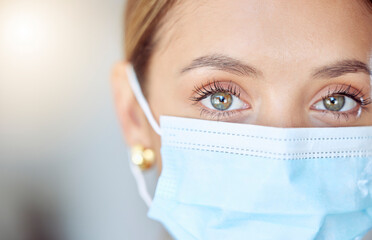 Health, wellness and covid face mask of a young woman safety and head. Eye zoom of a female with nose and mouth cover for prevention and protection from coronavirus, flu and cold in a pandemic